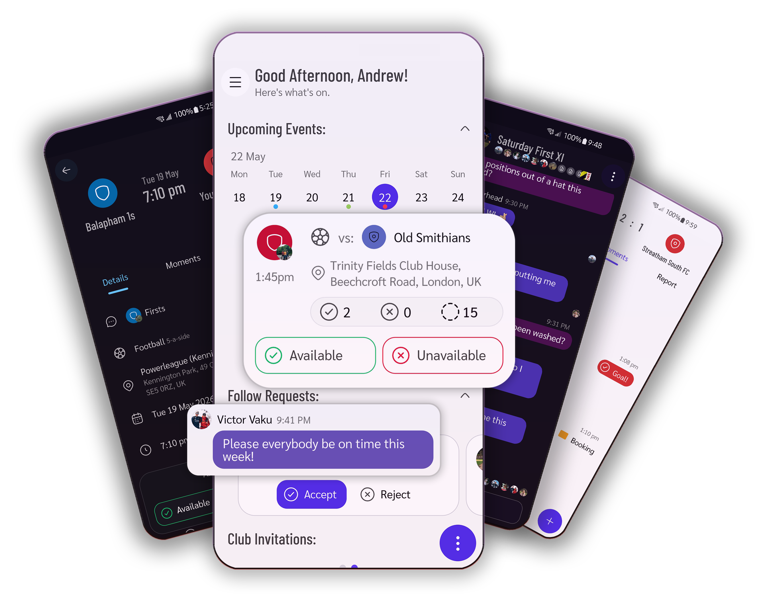 Screenshot of TeamTalk app showing a team chat with player availability and match details